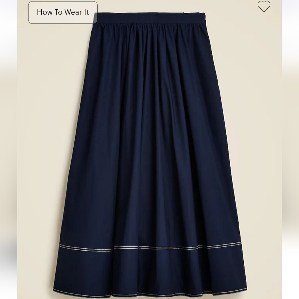 J. Crew Contrast Stitch Midi Skirt in Cotton Poplin - navy